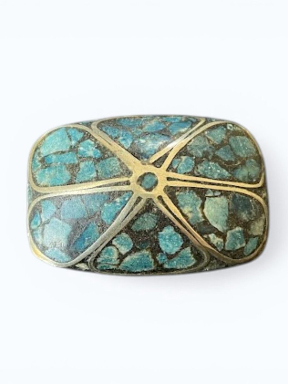 Vintage Turquoise Inlay Nickle Silver on Brass Brooch Pin Floral Made In India